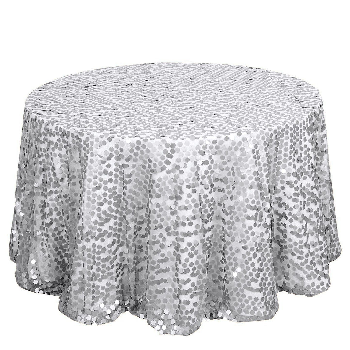 Sequin 120" Round Tablecloth Silver - Seamless Big Payette Design Table Cover