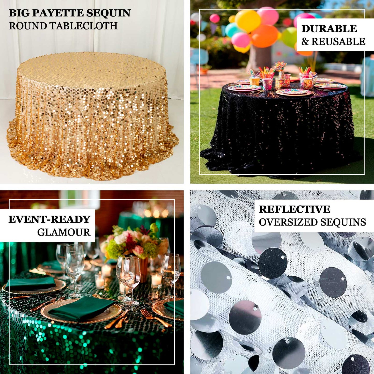 Sequin 132" Round Tablecloth Black - Big Payette Table Cover