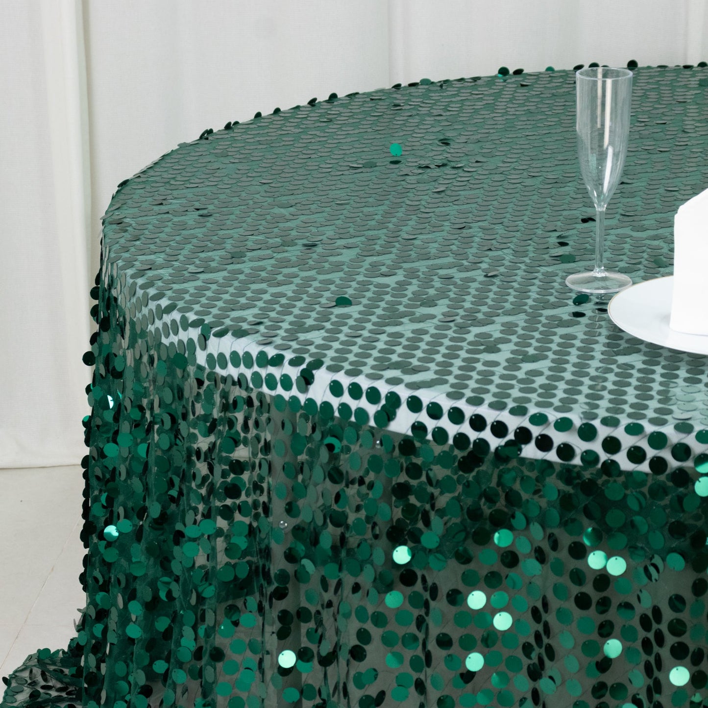 Sequin 132" Round Tablecloth Hunter Emerald Green - Big Payette Table Cover