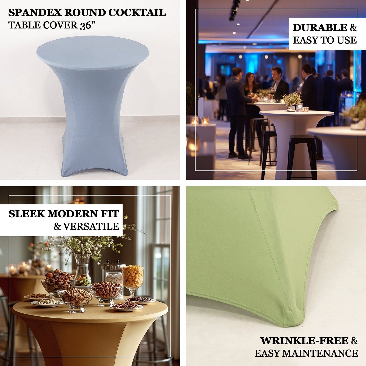 Spandex 36" Round Cocktail Table Cover Black - Easy to Maintain Stretch Fitted Highboy Tablecloth