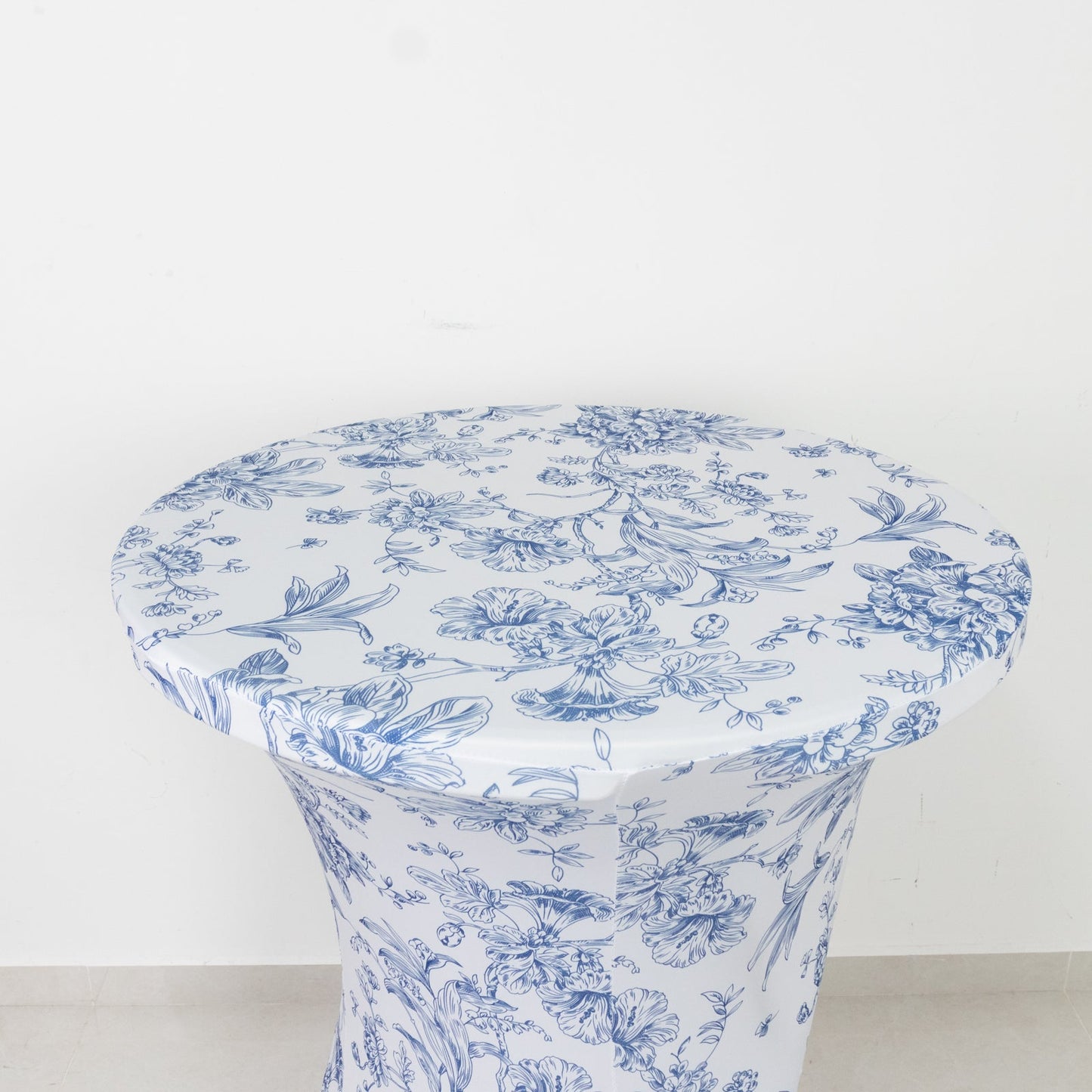 Spandex Round Cocktail Table Cover â€“ Blue & White French Toile, 30" Highboy Stretch Fitted Tablecloth