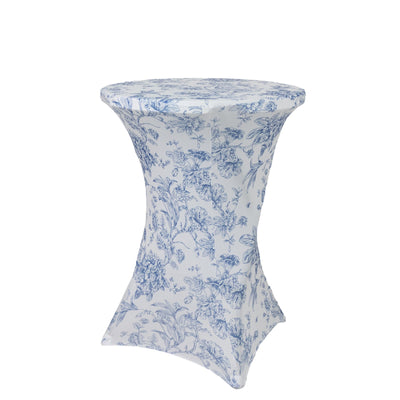 Spandex Round Cocktail Table Cover â€“ Blue & White French Toile, 30" Highboy Stretch Fitted Tablecloth