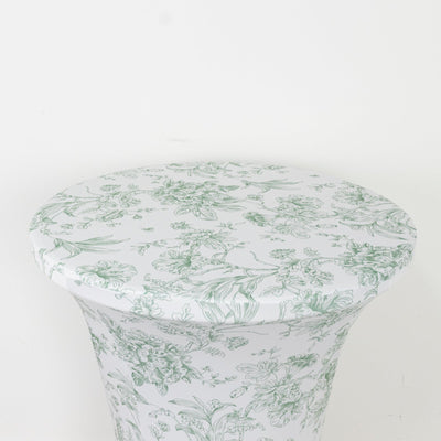 Spandex Round Cocktail Table Cover â€“ Dusty Sage Green & White French Toile, 30" Highboy Stretch Fitted Tablecloth
