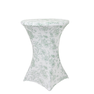 Spandex Round Cocktail Table Cover â€“ Dusty Sage Green & White French Toile, 30" Highboy Stretch Fitted Tablecloth