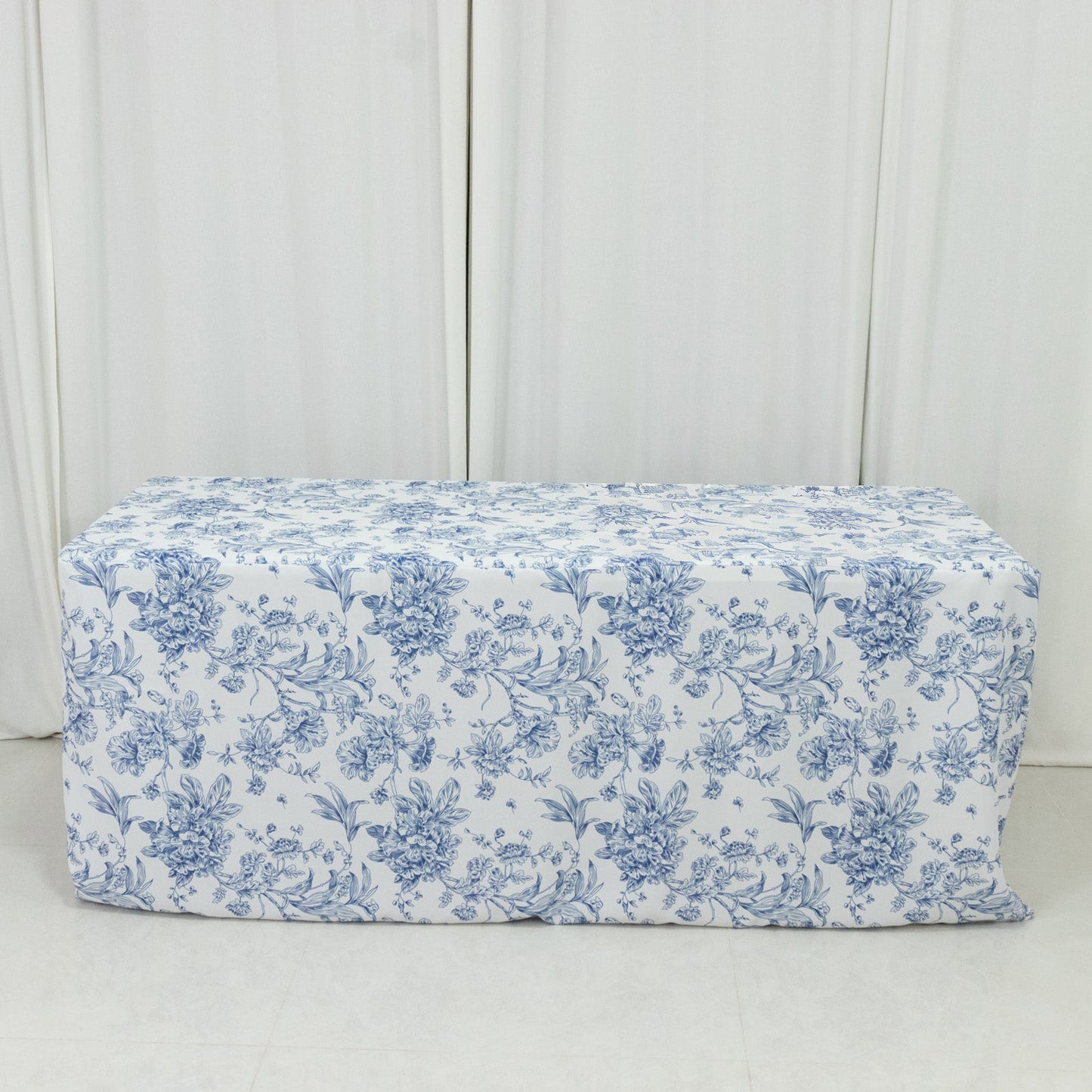 French Toile Fitted Tablecloth 6ft â€“ Blue & White Rectangular Polyester Wrinkle-Resistant Table Cover
