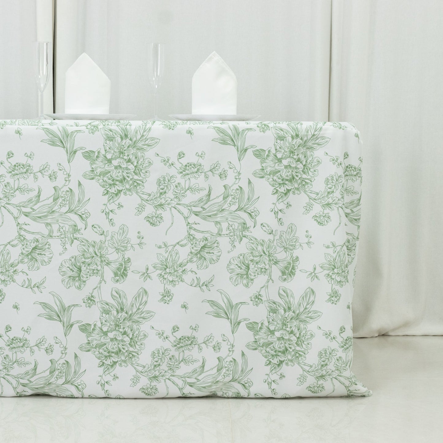 French Toile Fitted Tablecloth 6ft â€“ Dusty Sage Green & White Rectangular Polyester Wrinkle-Resistant Table Cover