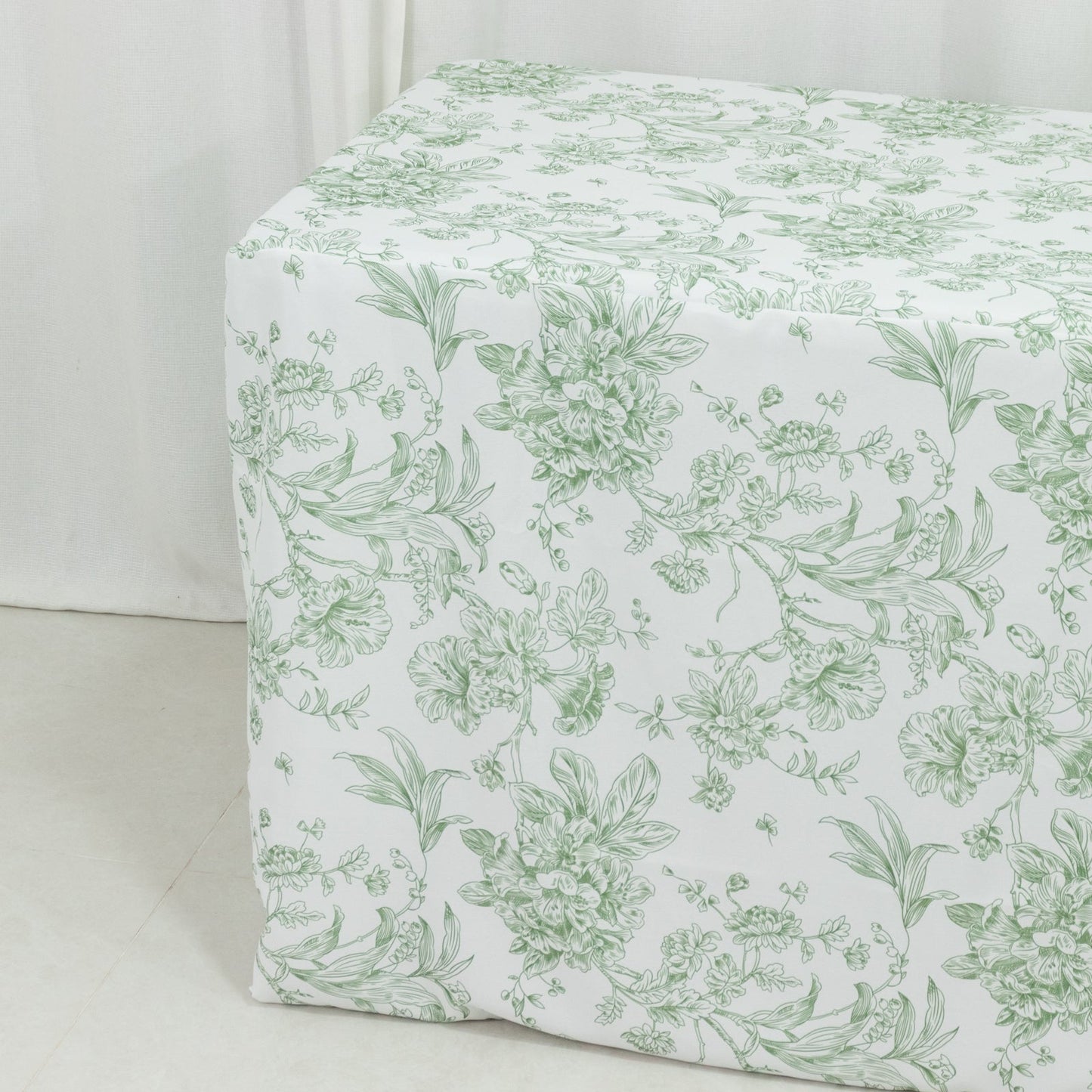 French Toile Fitted Tablecloth 6ft â€“ Dusty Sage Green & White Rectangular Polyester Wrinkle-Resistant Table Cover