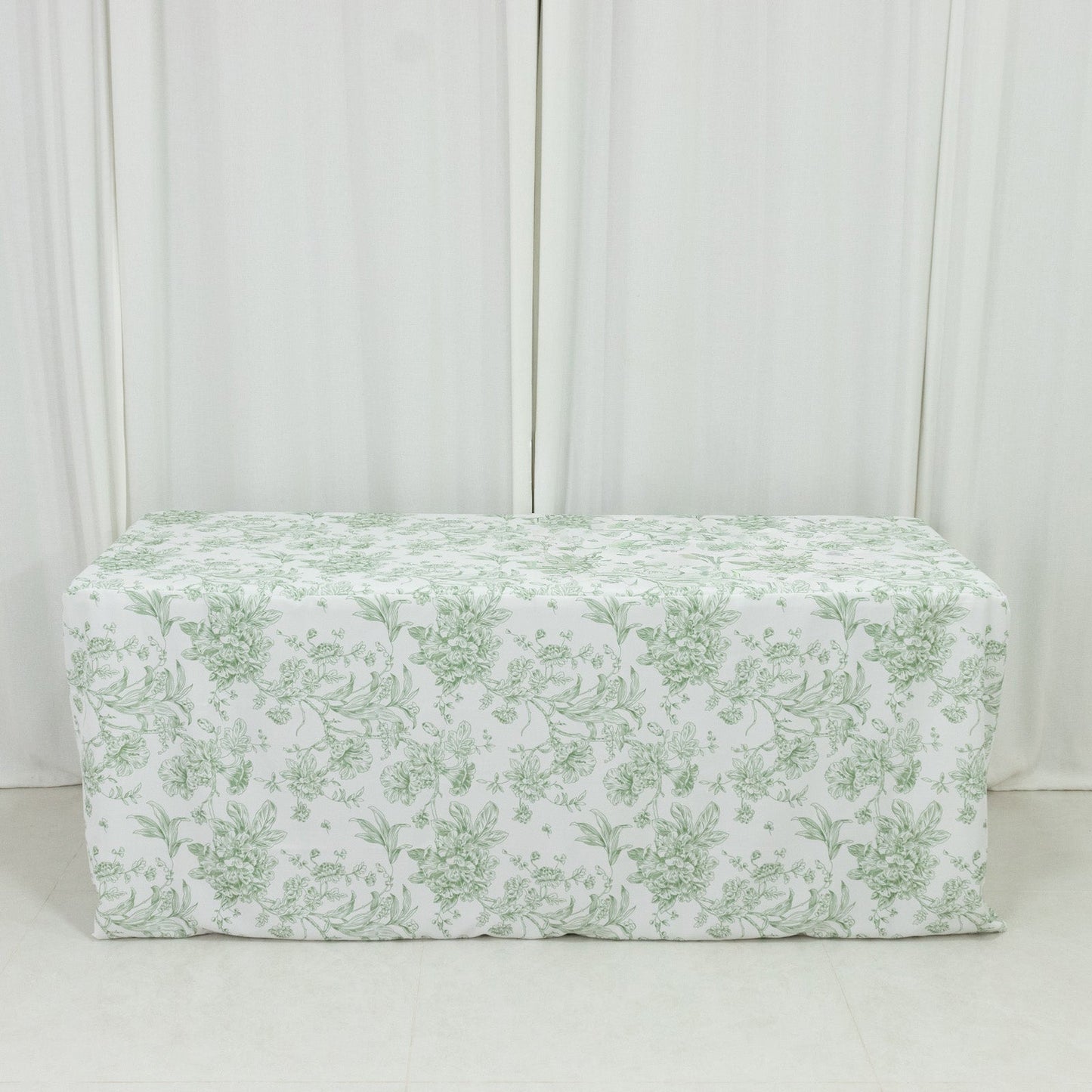 French Toile Fitted Tablecloth 6ft â€“ Dusty Sage Green & White Rectangular Polyester Wrinkle-Resistant Table Cover