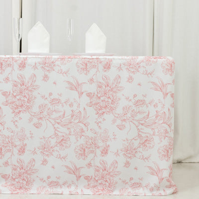 French Toile Fitted Tablecloth 6ft â€“ Pink & White Rectangular Polyester Wrinkle-Resistant Table Cover