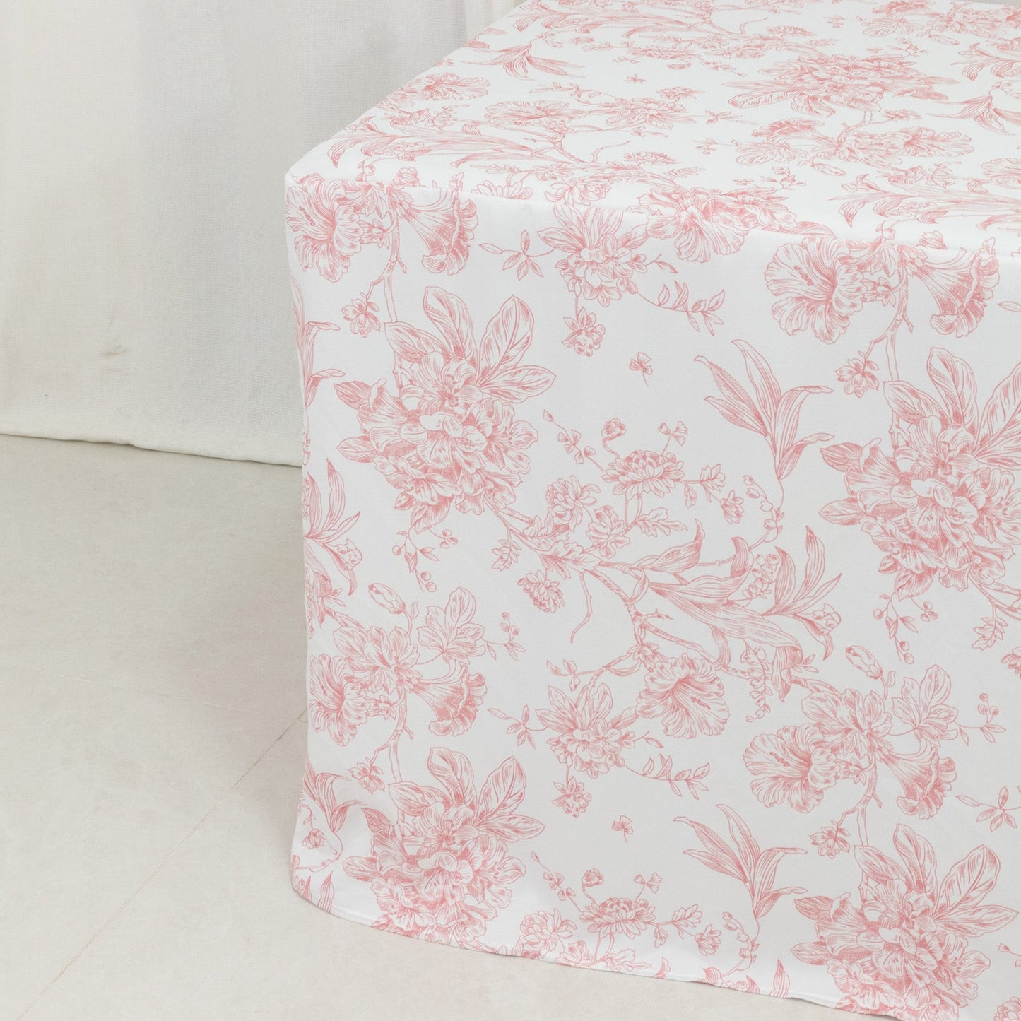 French Toile Fitted Tablecloth 6ft â€“ Pink & White Rectangular Polyester Wrinkle-Resistant Table Cover