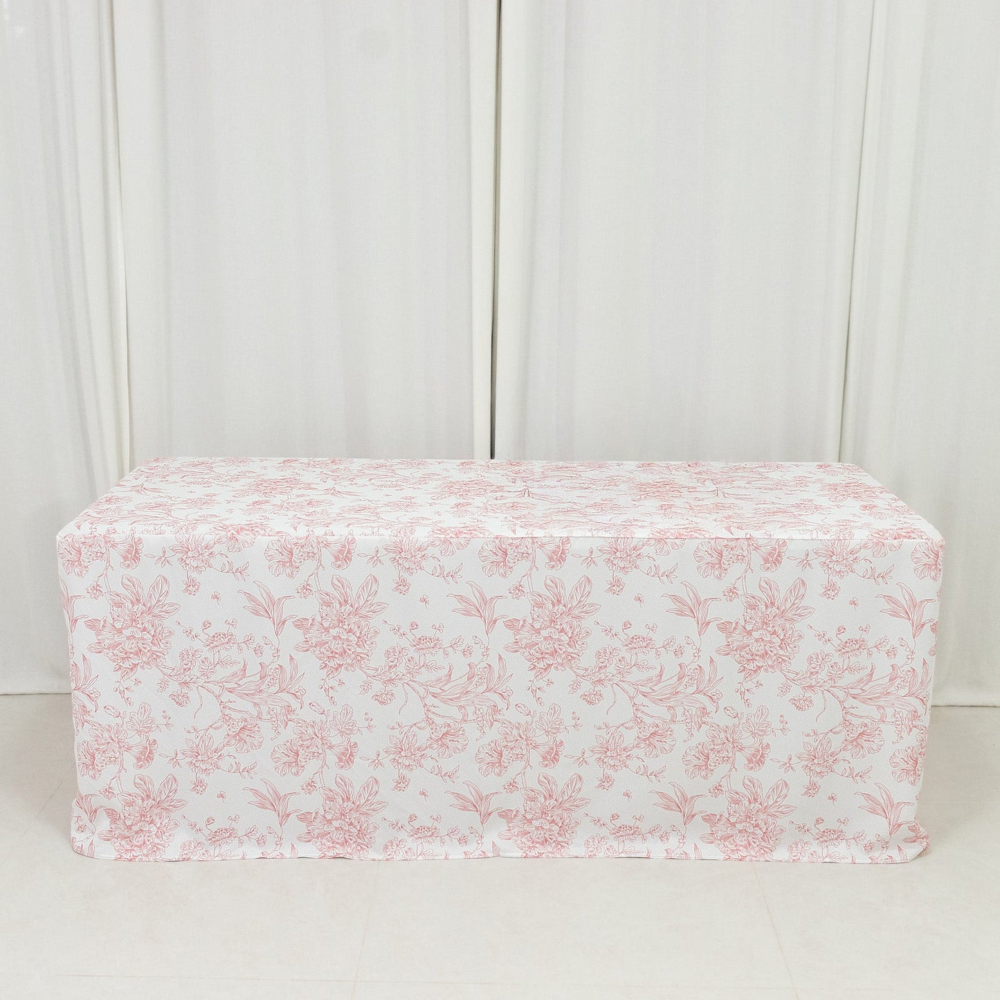 French Toile Fitted Tablecloth 6ft â€“ Pink & White Rectangular Polyester Wrinkle-Resistant Table Cover