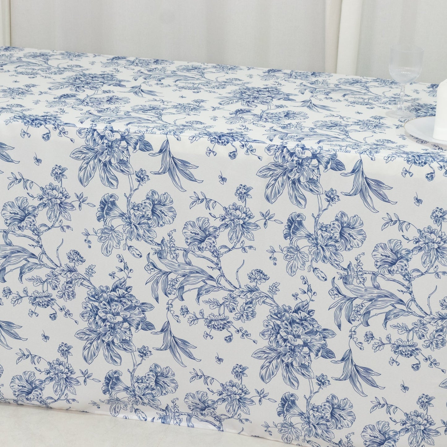 French Toile Fitted Tablecloth 8ft â€“ Blue & White Rectangular Polyester Wrinkle-Resistant Table Cover