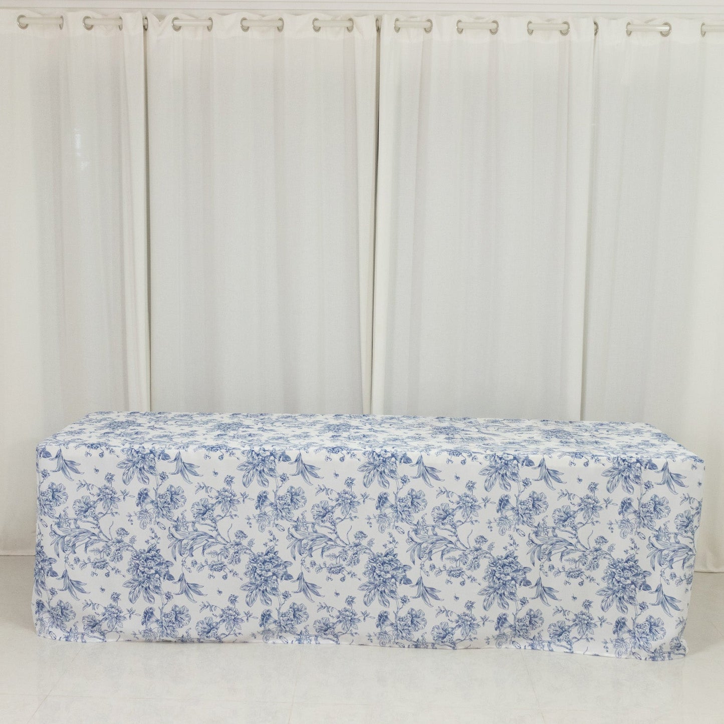 French Toile Fitted Tablecloth 8ft â€“ Blue & White Rectangular Polyester Wrinkle-Resistant Table Cover