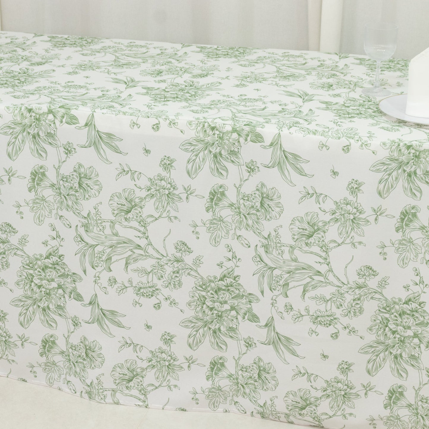 French Toile Fitted Tablecloth 8ft â€“ Dusty Sage Green & White Rectangular Polyester Wrinkle-Resistant Table Cover