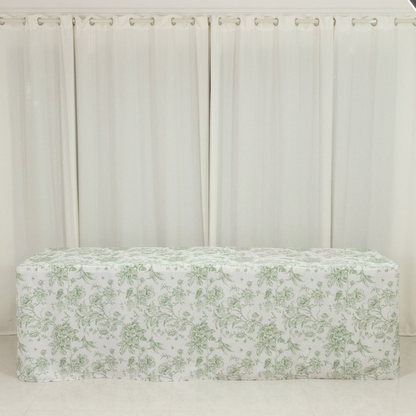 French Toile Fitted Tablecloth 8ft â€“ Dusty Sage Green & White Rectangular Polyester Wrinkle-Resistant Table Cover