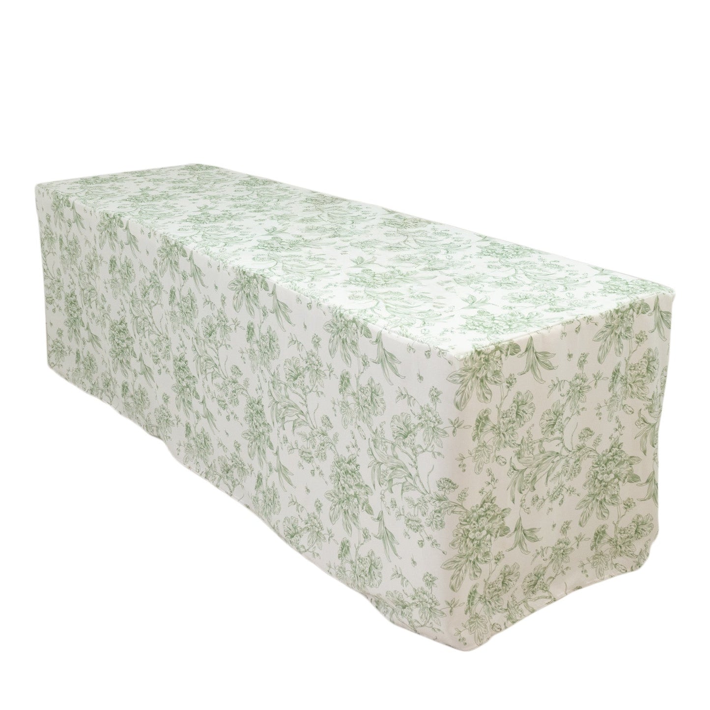 French Toile Fitted Tablecloth 8ft â€“ Dusty Sage Green & White Rectangular Polyester Wrinkle-Resistant Table Cover