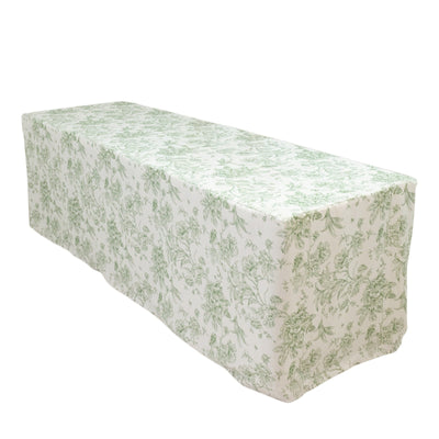French Toile Fitted Tablecloth 8ft â€“ Dusty Sage Green & White Rectangular Polyester Wrinkle-Resistant Table Cover