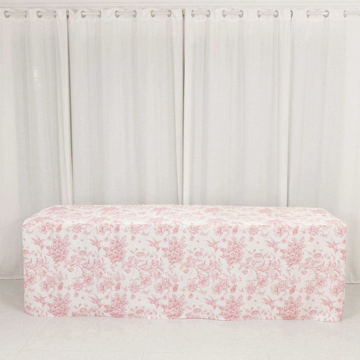 French Toile Fitted Tablecloth 8ft â€“ Pink & White Rectangular Polyester Wrinkle-Resistant Table Cover