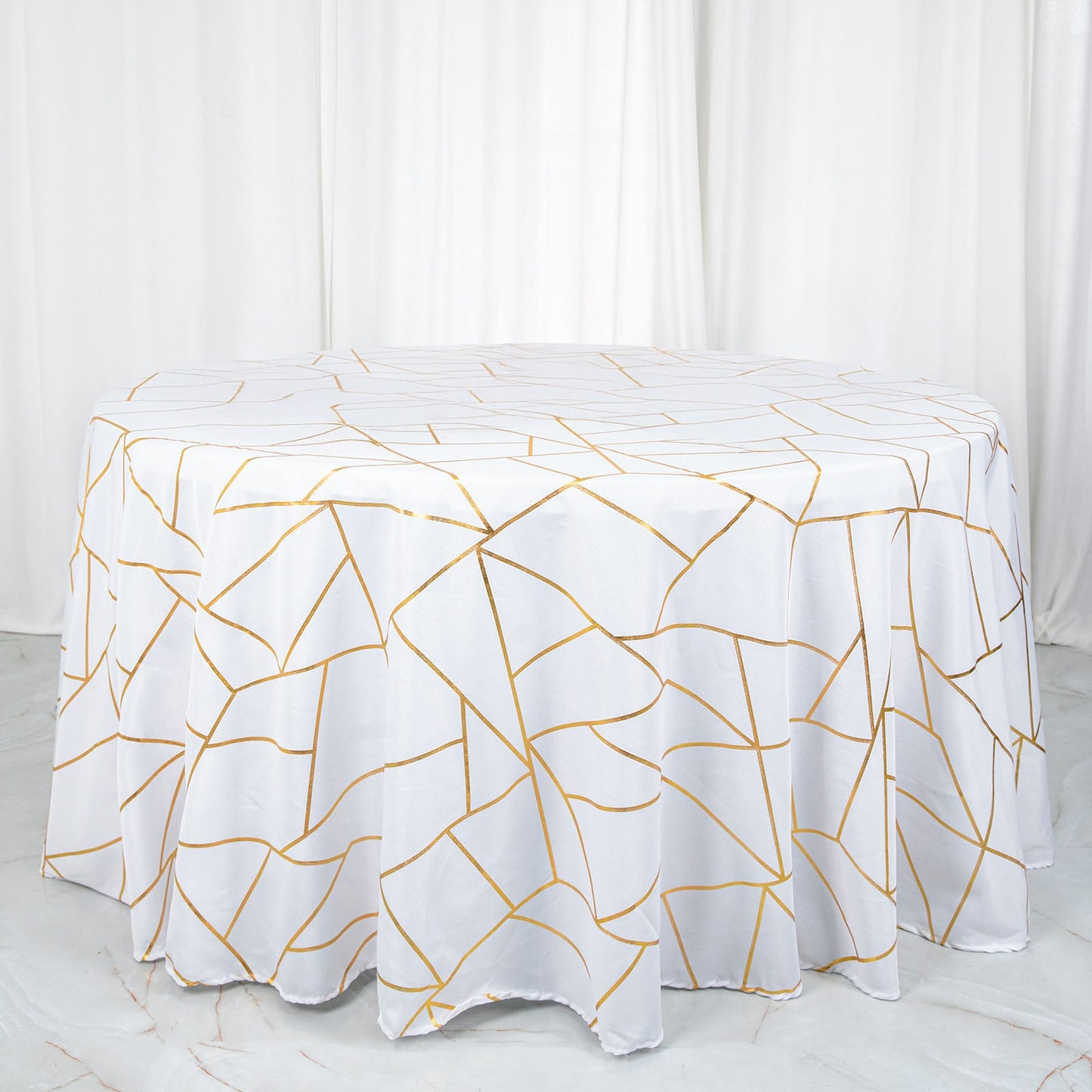 Polyester 120" Round Tablecloth White with Gold Foil Geometric Pattern Wrinkle-Resistant Modern Seamless Table Cover