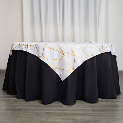 Polyester 54"x54" Table Overlay Square Tablecloth White with Gold Foil Geometric Pattern - Wrinkle-Resistant & Durable for Stylish Settings