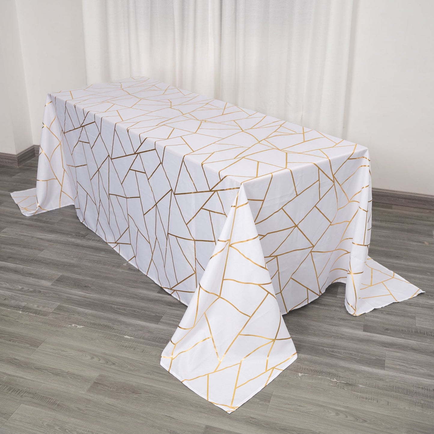 Polyester 90"x132" Rectangle Tablecloth White Seamless with Gold Foil Geometric Pattern - Wrinkle-Resistant Seamless Table Cover for Sophisticated Events