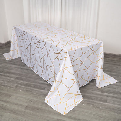 Polyester 90"x132" Rectangle Tablecloth White Seamless with Gold Foil Geometric Pattern - Wrinkle-Resistant Seamless Table Cover for Sophisticated Events