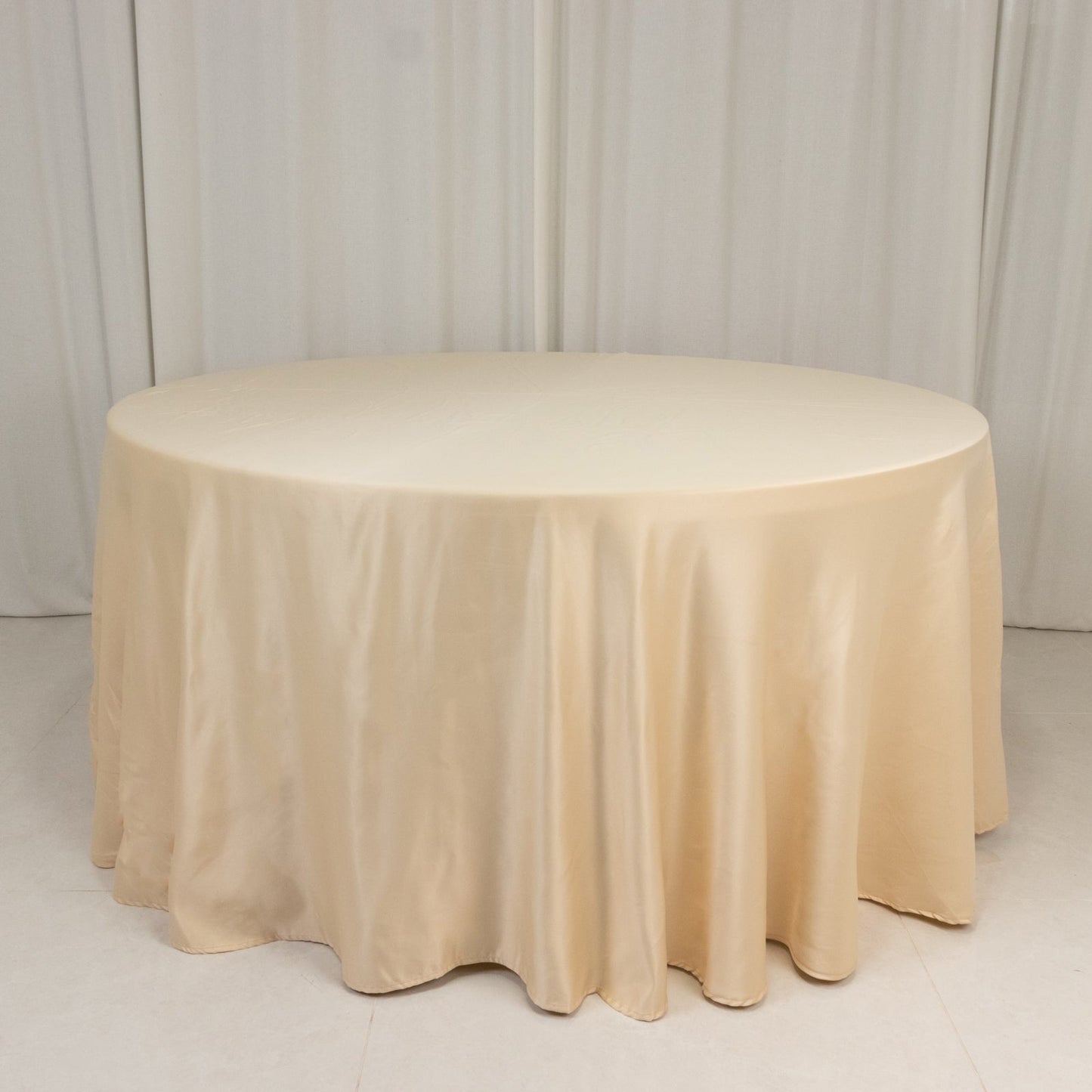 Lamour Satin 120" Round Tablecloth Beige - Seamless Table Cover with Soft Tempered Sheen