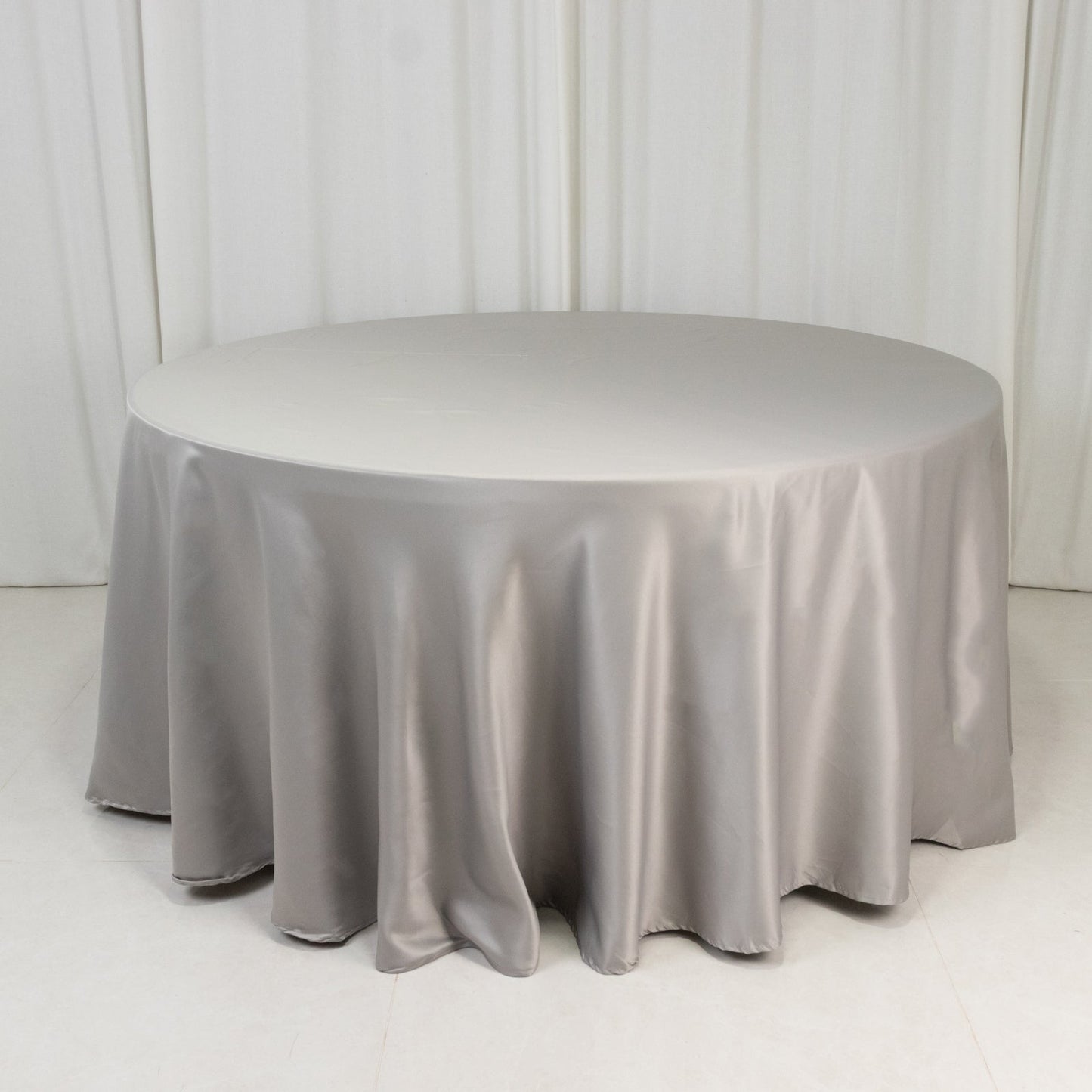 Lamour Satin 120" Round Tablecloth Silver - Seamless Table Cover with Soft Tempered Sheen