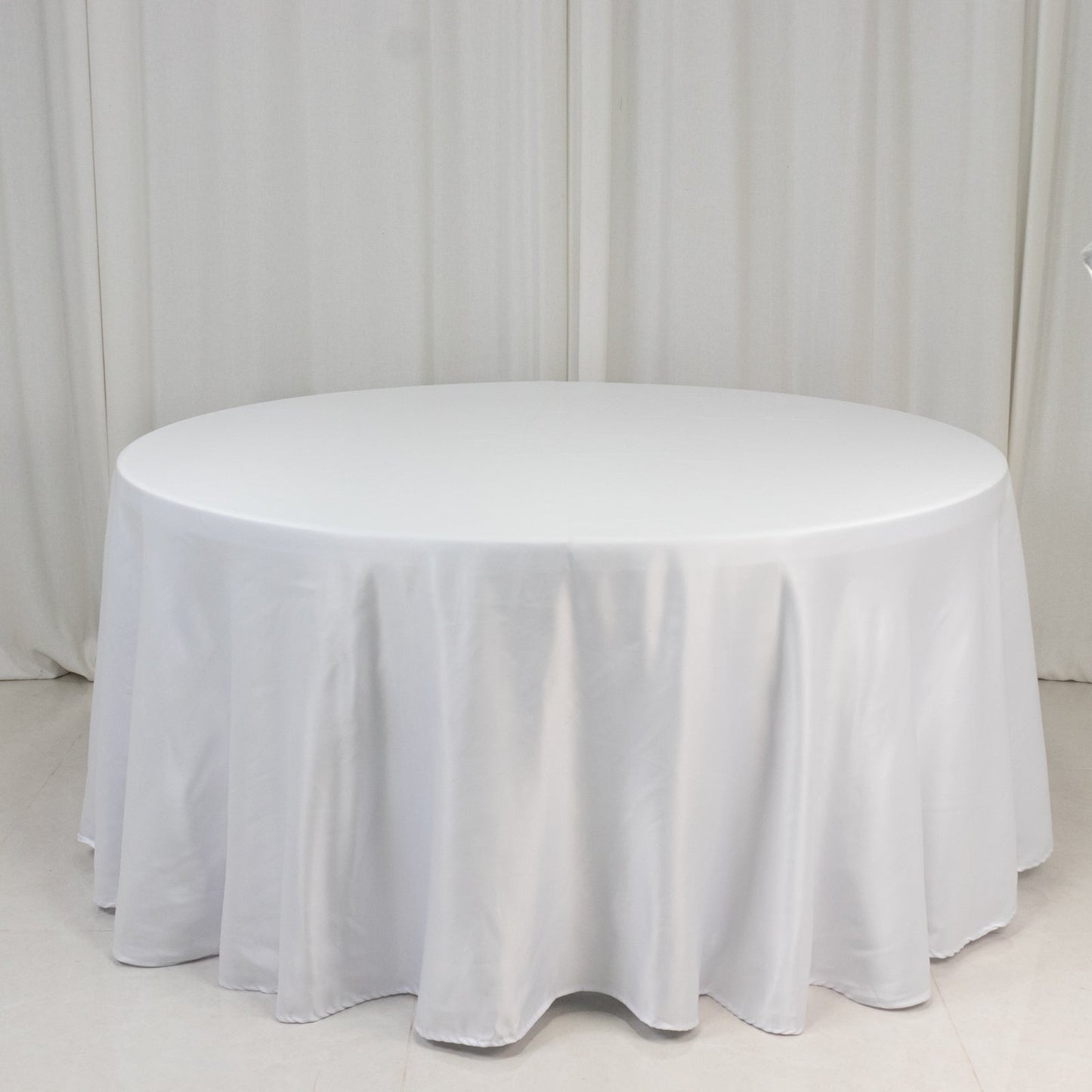 Lamour Satin 120" Round Tablecloth White - Seamless Table Cover with Soft Tempered Sheen for Upscale Gatherings
