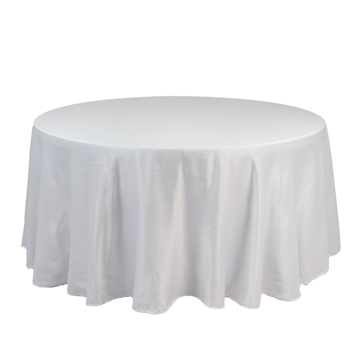 Lamour Satin 120" Round Tablecloth White - Seamless Table Cover with Soft Tempered Sheen for Upscale Gatherings