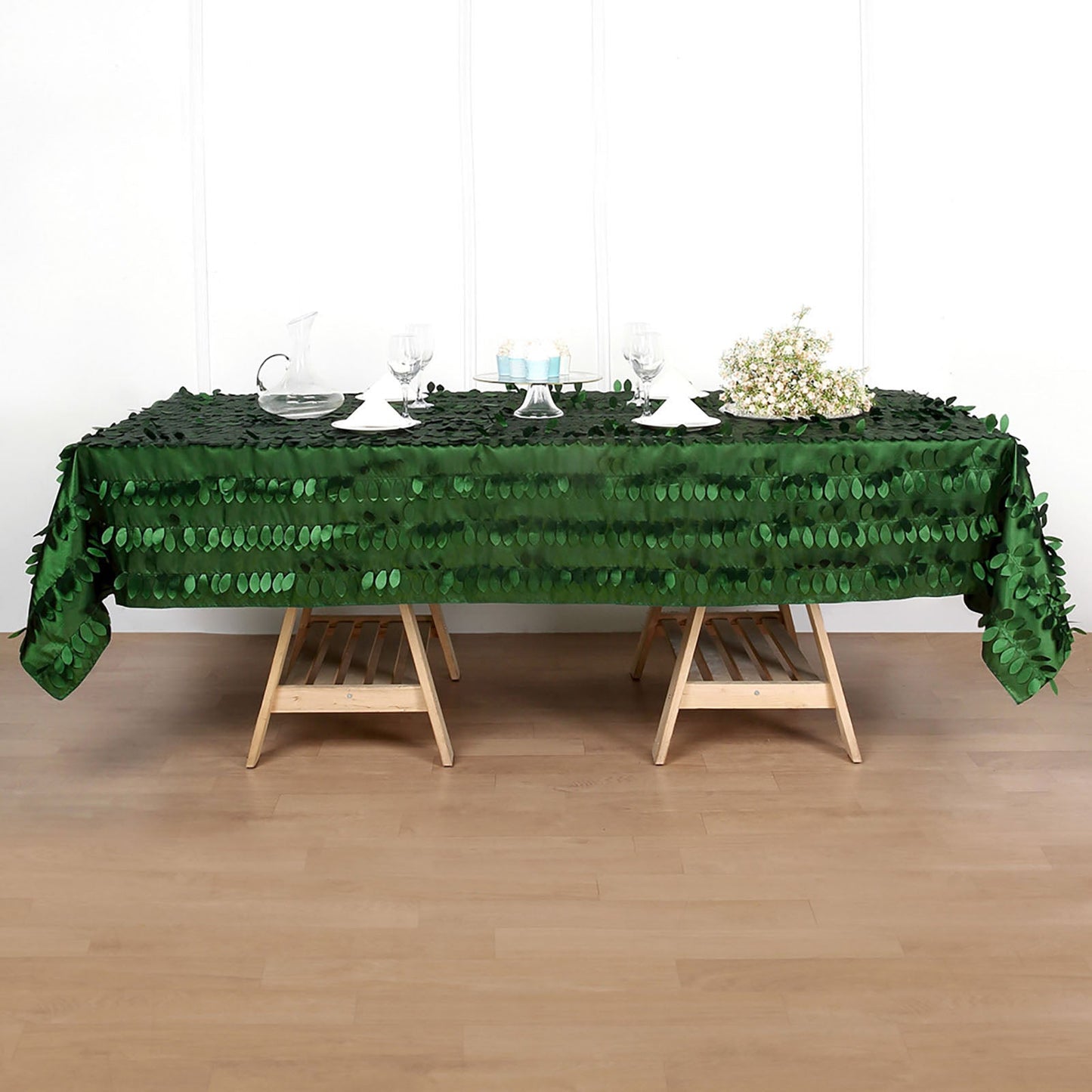 Taffeta 60"x102" Rectangle Tablecloth Green | Exquisite 3D Leaf Petal Design for Chic Wedding & Event Decor