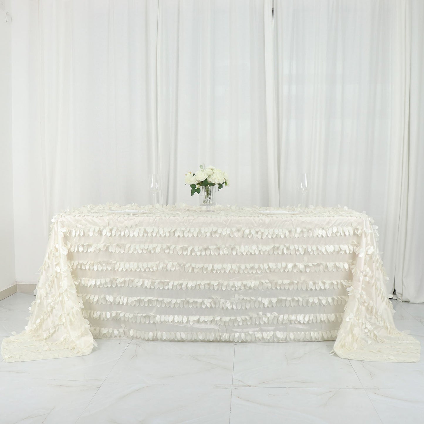 Taffeta 90"x132" Rectangle Tablecloth Ivory | 3D Leaf Petal Design Seamless Table Cover