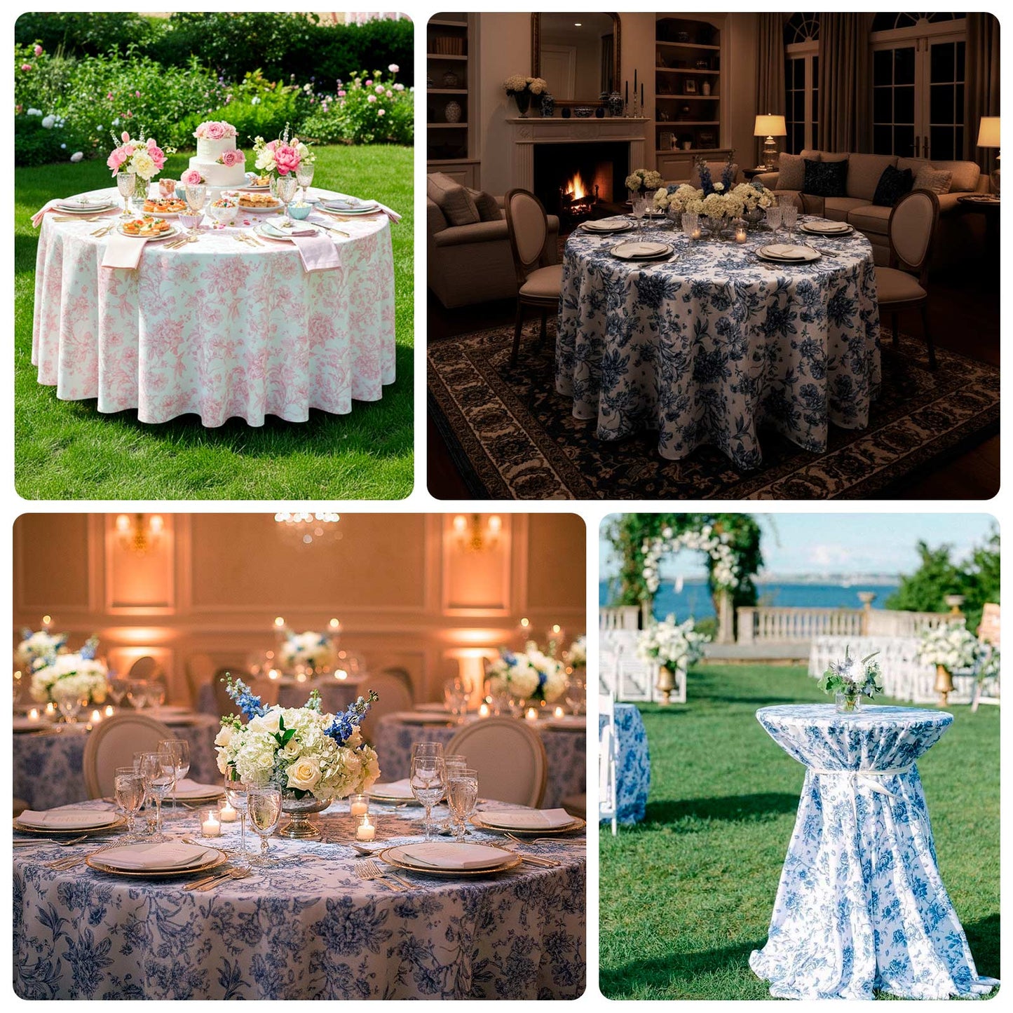 Polyester 108" Round Tablecloth White - Blue French Toile Pattern for Chic Weddings