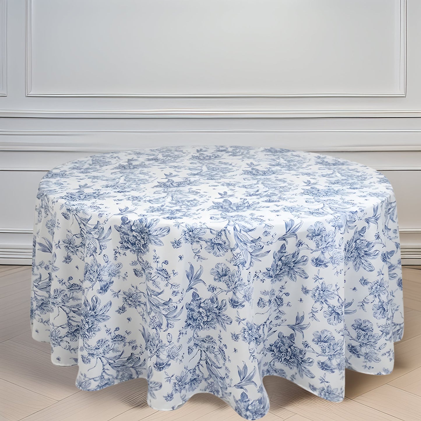 Polyester 120" Round Tablecloth White - Blue French Toile Pattern for Chic Weddings
