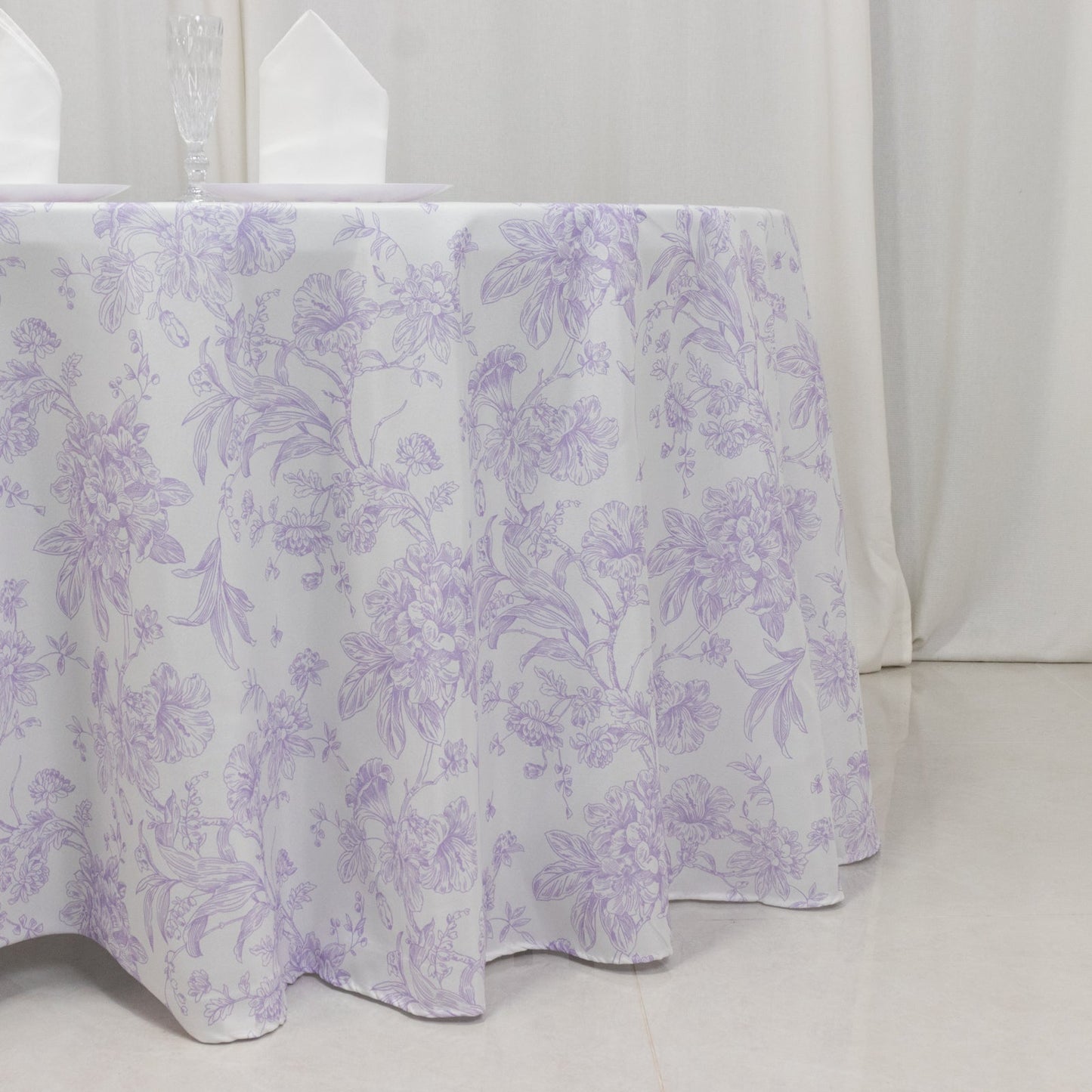 Polyester 120" Round Tablecloth White - Lavender Lilac French Toile Pattern for Chic Weddings