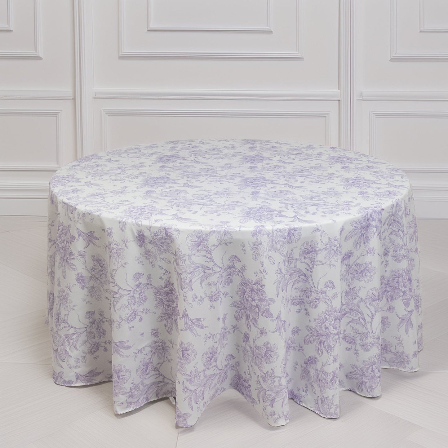Polyester 120" Round Tablecloth White - Lavender Lilac French Toile Pattern for Chic Weddings