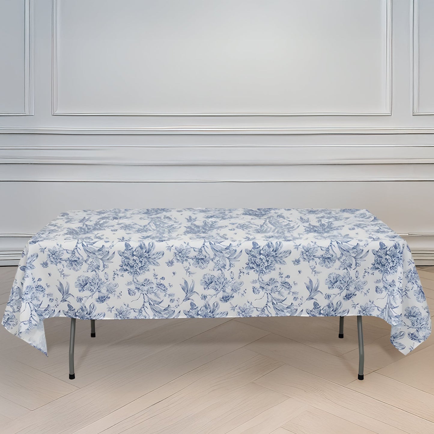 Polyester 60"x102" Rectangle Tablecloth White - Blue French Toile Pattern for Elegant Gatherings