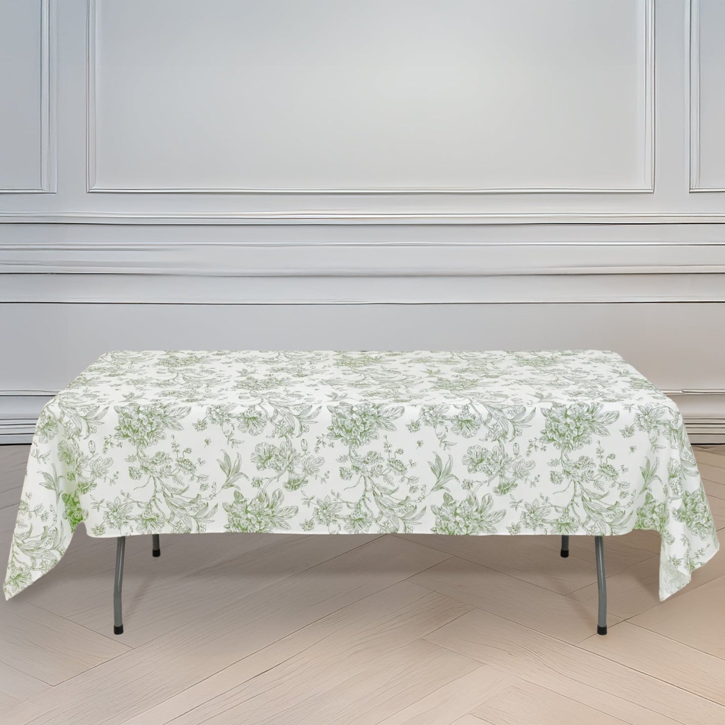 Polyester 60"x102" Rectangle Tablecloth White - Dusty Sage Green French Toile Pattern for Elegant Gatherings