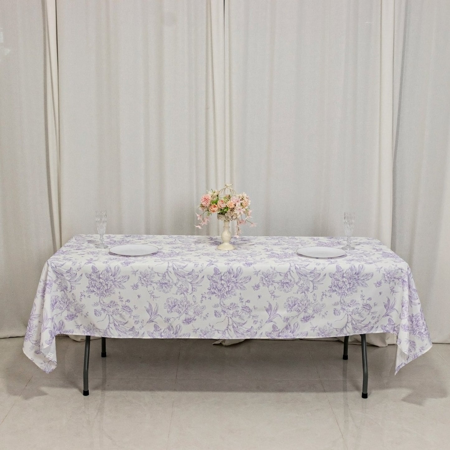 Polyester 60"x102" Rectangle Tablecloth White - Lavender Lilac French Toile Pattern for Elegant Gatherings
