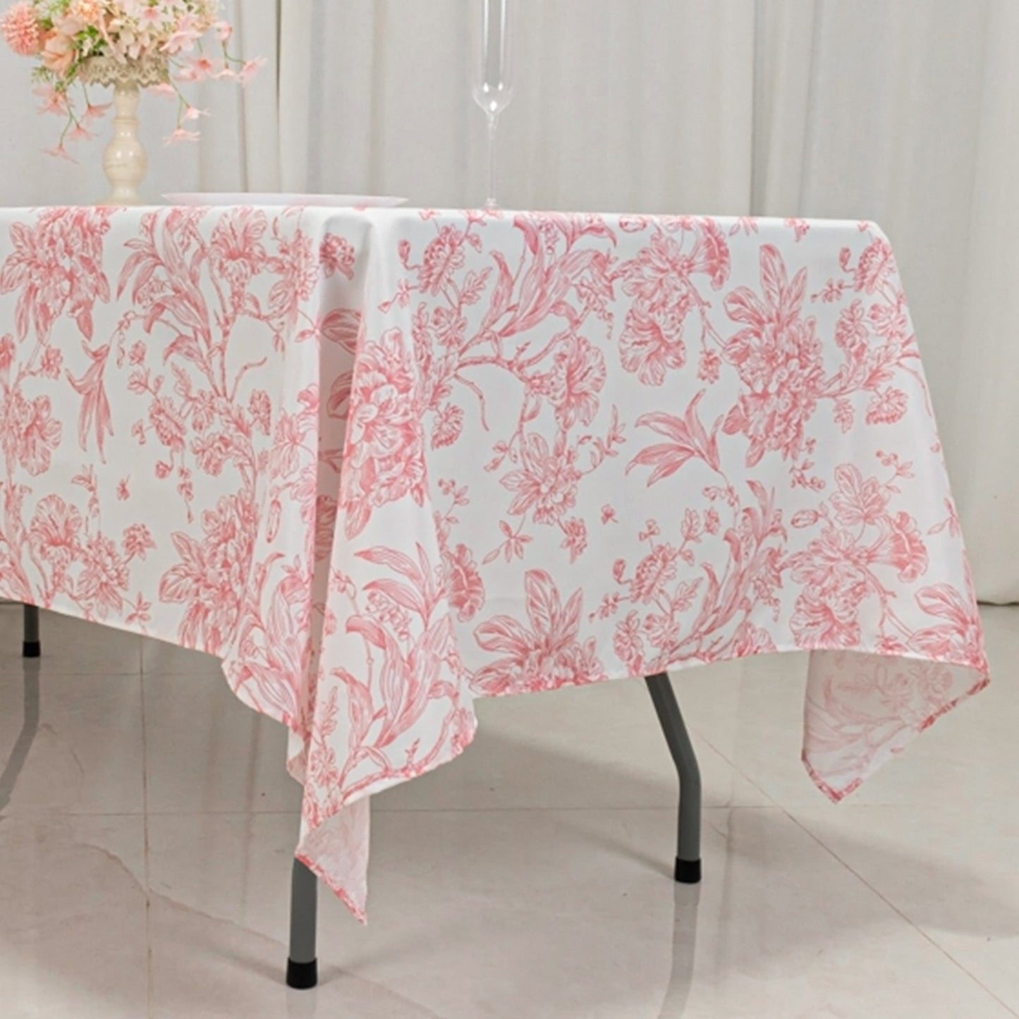 Polyester 60"x102" Rectangle Tablecloth White - Pink French Toile Pattern for Modern Occasions