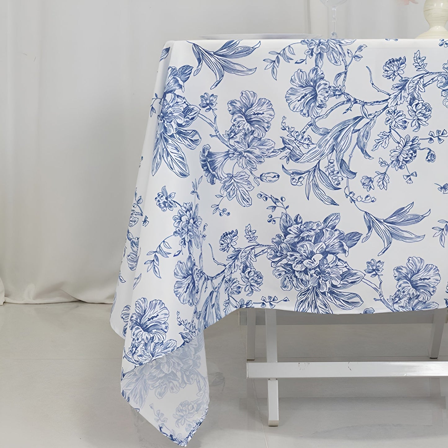 Polyester 70"x70" Table Overlay White - Blue French Toile Pattern for Stylish Events