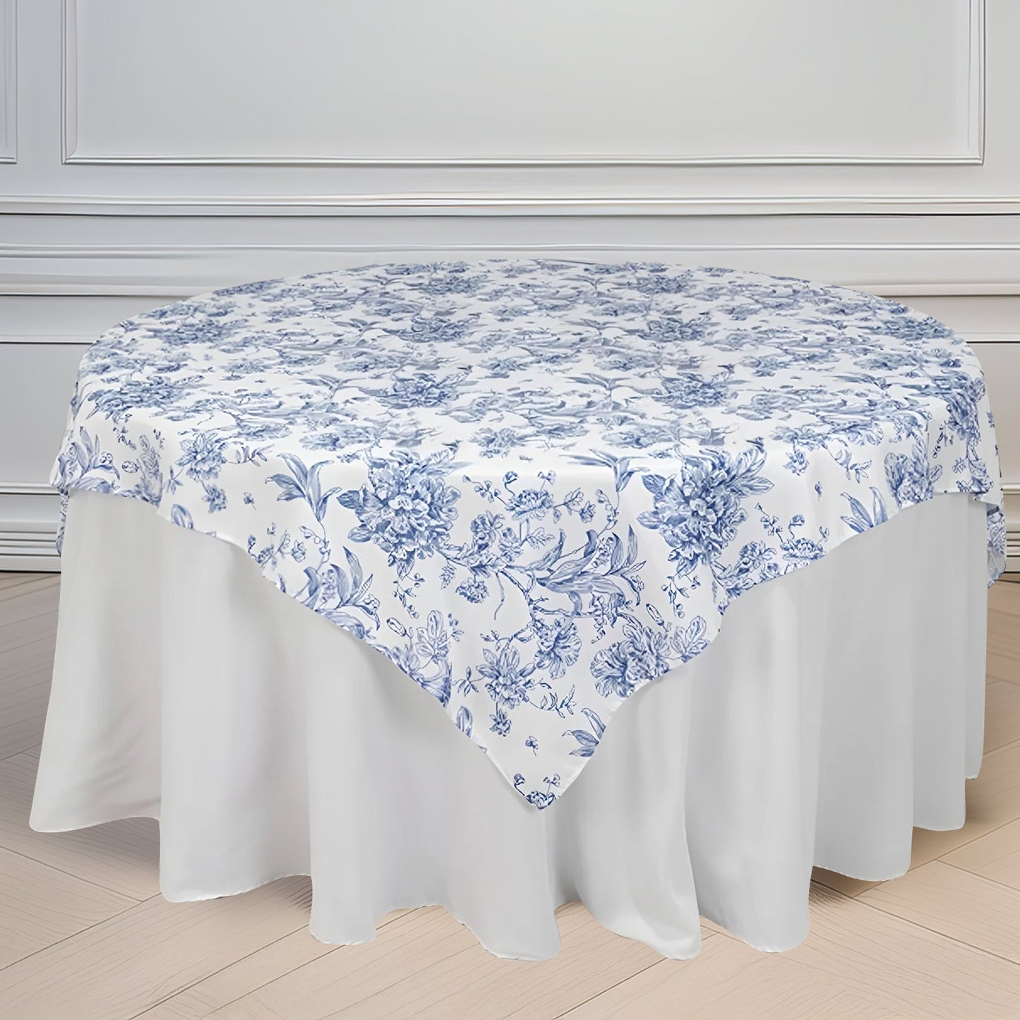Polyester 70"x70" Table Overlay White - Blue French Toile Pattern for Stylish Events
