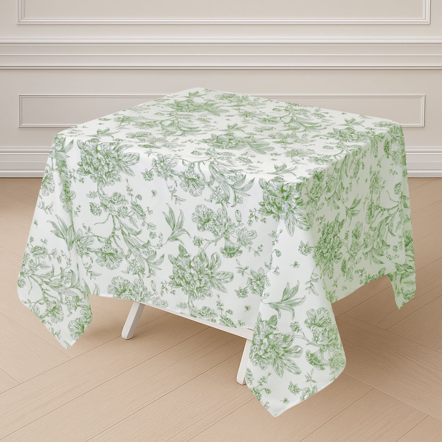 Polyester 70"x70" Square Tablecloth White - Dusty Sage Green French Toile Pattern for Elegant Occasions