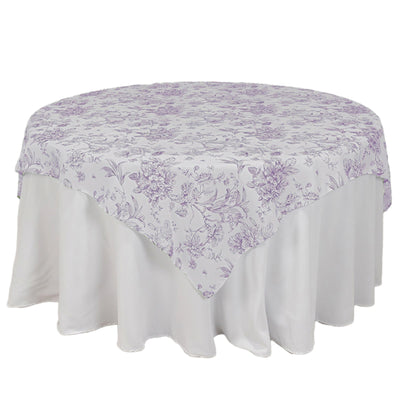 Polyester 70"x70" Table Overlay White - Lavender Lilac French Toile Pattern for Stylish Events