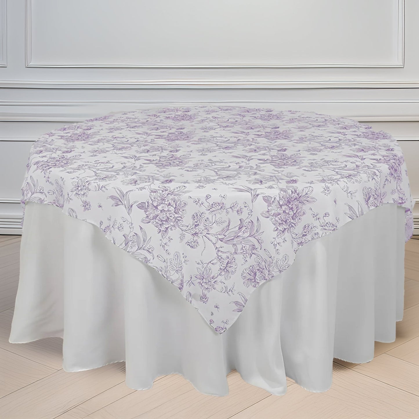 Polyester 70"x70" Table Overlay White - Lavender Lilac French Toile Pattern for Stylish Events