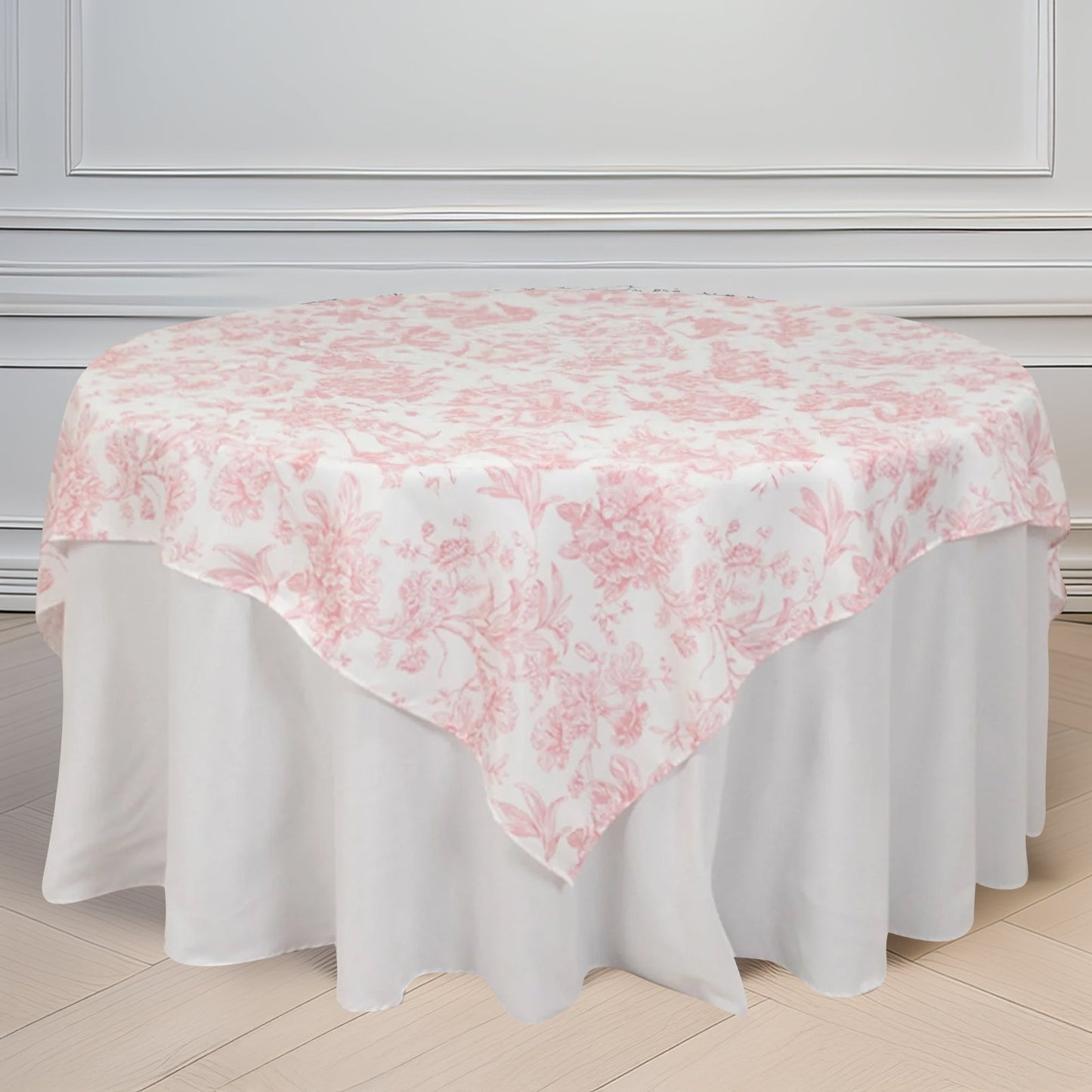 Polyester 70"x70" Table Overlay White - Pink French Toile Pattern for Refined Gatherings