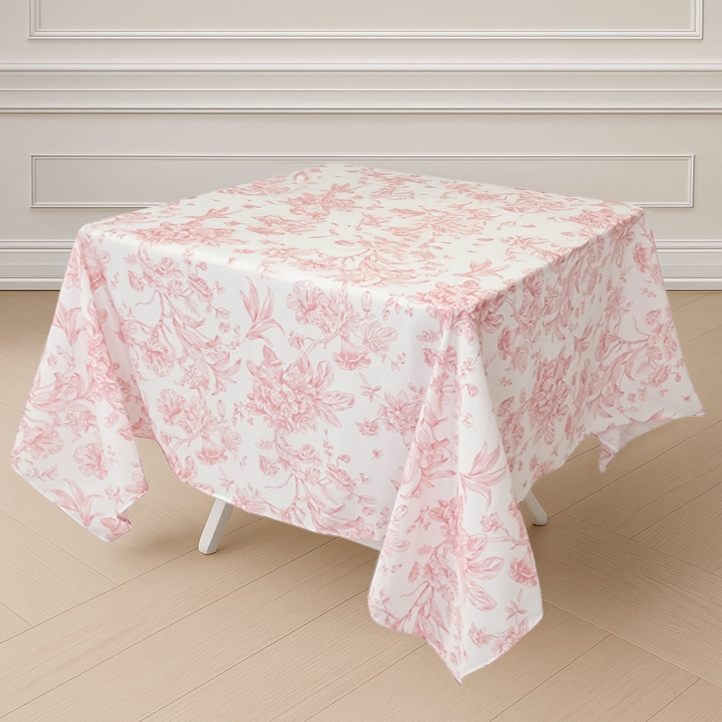 Polyester 70"x70" Square Tablecloth White - Pink French Toile Pattern for Elegant Occasions