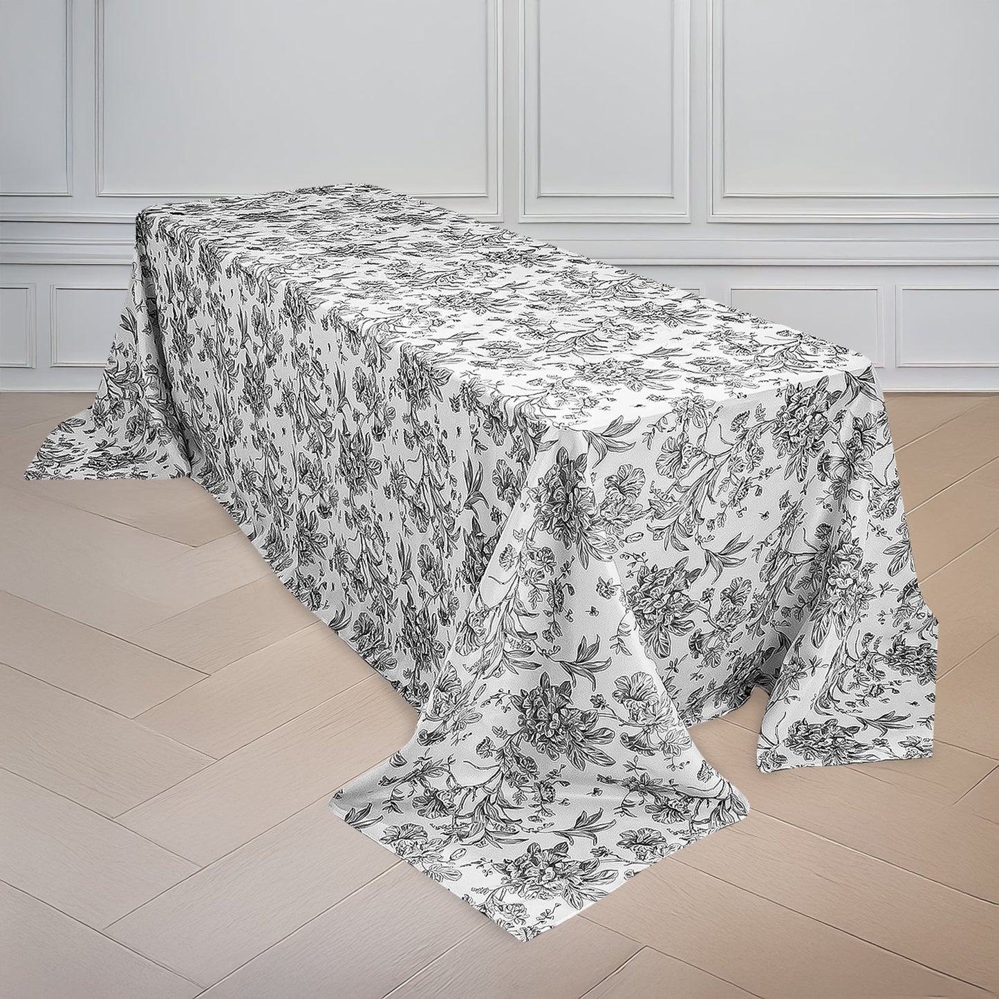 Polyester 90"x132" Rectangle Tablecloth White - Seamless Black French Toile Pattern for Formal Celebrations