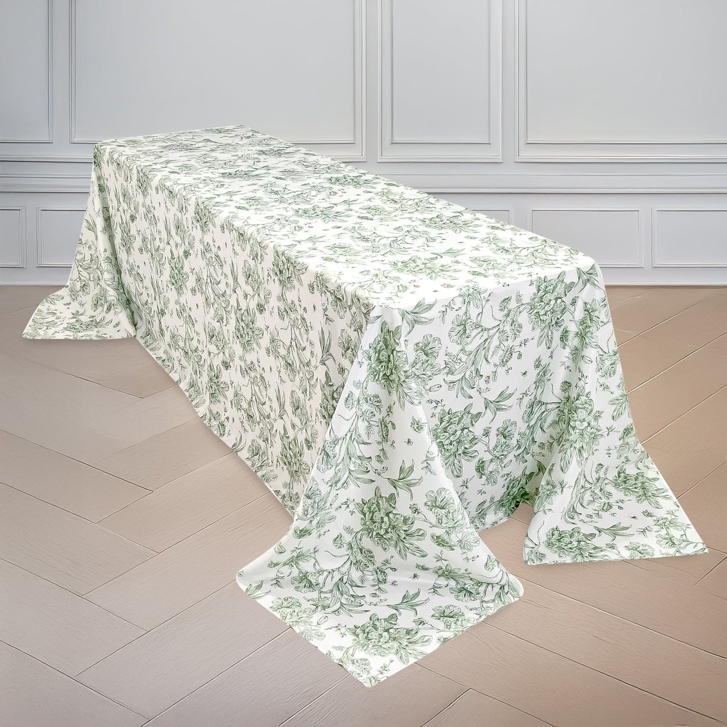 Polyester 90"x132" Rectangle Tablecloth White - Seamless Dusty Sage Green French Toile Pattern for Formal Celebrations