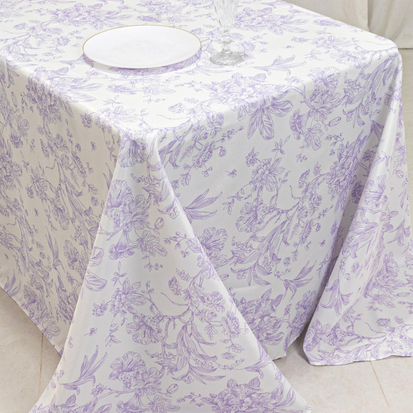 Polyester 90"x132" Rectangle Tablecloth White - Seamless Lavender Lilac French Toile Pattern for Formal Celebrations